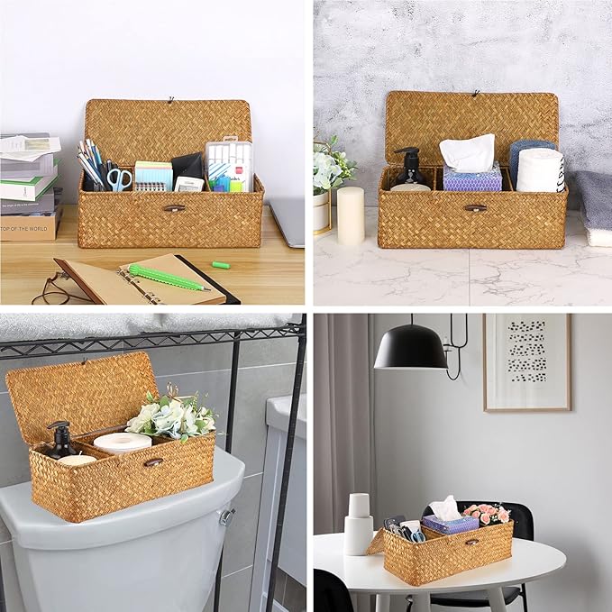 Hipiwe Seagrass Storage Basket Bin with Lid Rectangular Woven Shelf Baskets for Closets Bathroom Kitchen Shelf Organizing, Caramel, 14.2" x 6.3'' x 4.7''