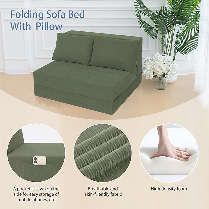 Sofa Bed Foldable Mattress ，Folding Sleeper Sofa Chair Bed Floor Mattress with Pillow for Living Room Home Office (Green-Corduroy, Twin XL)