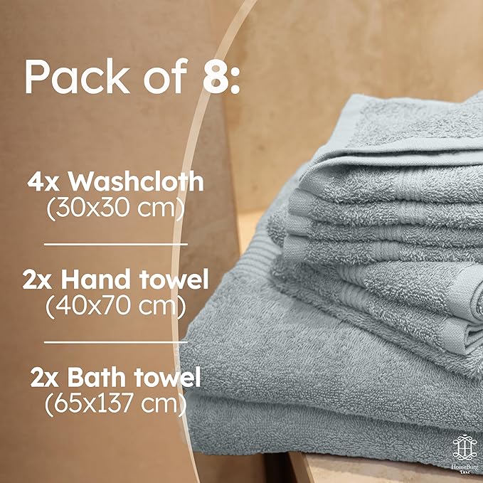 Luxe Set – Washcloths (30 x 30cm), Hand Towels (40 x 70cm) & Bath Towels (65 x 137 cm) – 100% Cotton, Soft, Absorbent, Easy Care, Versatile, (Ice Blue)