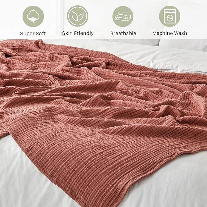 Muslin Blanket 100% Cotton Blanket Throw 66”x90”, Lightweight Breathable Summer Blanket Throw. Supersoft 4-Layer Gauze Throw Blanket for Sofa, Couch, Bed, All-Season Use, Copper Brown