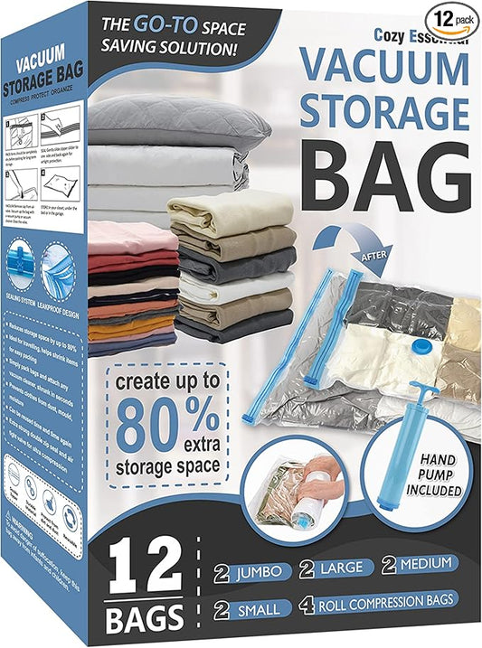Cozy Essential Vacuum Storage Bags, Compression Space Saver Bags for Clothes, Comforters, Blankets, Pillow, Bedding, Sealer Clothing Storage,12 Combo