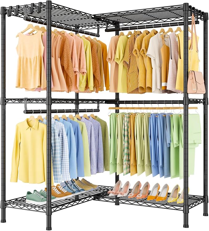 E15 Garment Rack L Shaped Clothes Rack for Corner，Freestanding Clothing Racks for Hanging Clothes，Heavy Duty Closet Organizer with 4 Hanging Rods & 8 S Hooks，43.3" W x 29.4" D x 78.4" H，Black