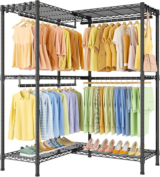 E15 Garment Rack L Shaped Clothes Rack for Corner，Freestanding Clothing Racks for Hanging Clothes，Heavy Duty Closet Organizer with 4 Hanging Rods & 8 S Hooks，43.3" W x 29.4" D x 78.4" H，Black