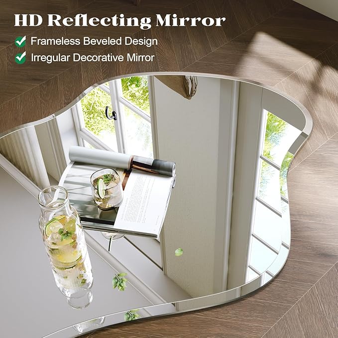 Irregular Wall Mirror, 28”x50” Frameless Asymmetrical Mirror, Beveled Frameless Funky Wavy Wall Mirrors for Entry Way Modern Bathroom Bedroom Living Room