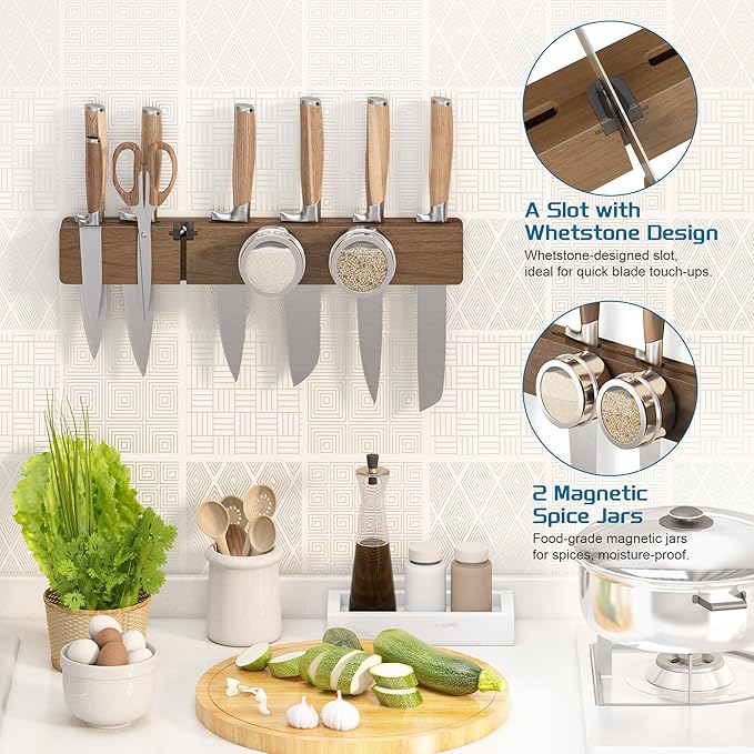 Magnetic Knife Holder for Wall, Acacia Wood Knife Magnetic Strip No Drill Knife Magnet Storage Bar Magnetic Tool Key Holder Strip for Kitchen Utensil Organizer (Dark Brown, 16 Inch Large)