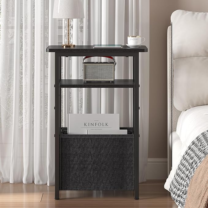 Narrow Side Table, Skinny End Tables with Fabric Basket, Small Side Tables for Small Space, 2-Tier Open Shelves with Basket, Slim Nightstands for Bedroom,Living Room,Office, Black