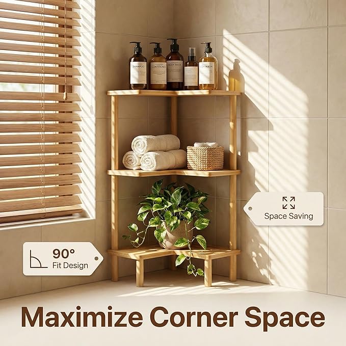 Bamboo Corner Shower Caddy Stand 3-Tier, Standing Shower Organizer with Anti-Slip Feet, Waterproof & Durable Bathroom Shower Shelf, Space-Saving Design Storage for Kitchen or Living Room