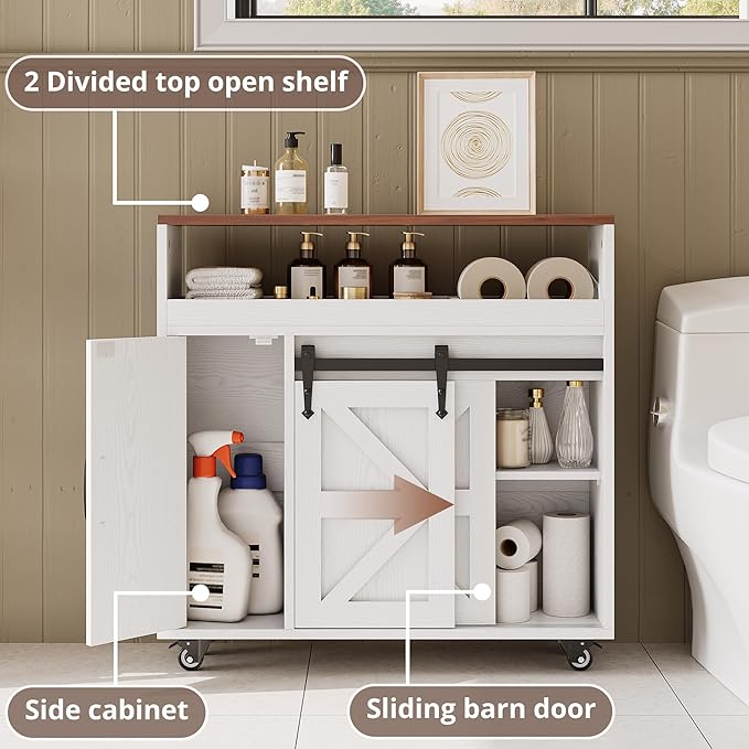 IRONCK Toilet Paper Cabinet, Slim Bathroom Cabinet with 4 Rolling Wheels, Farmhouse Slim Storage Cart with Paper Holes, Sliding Doors and Adjustable Shelf for Small Space, White/Walnut