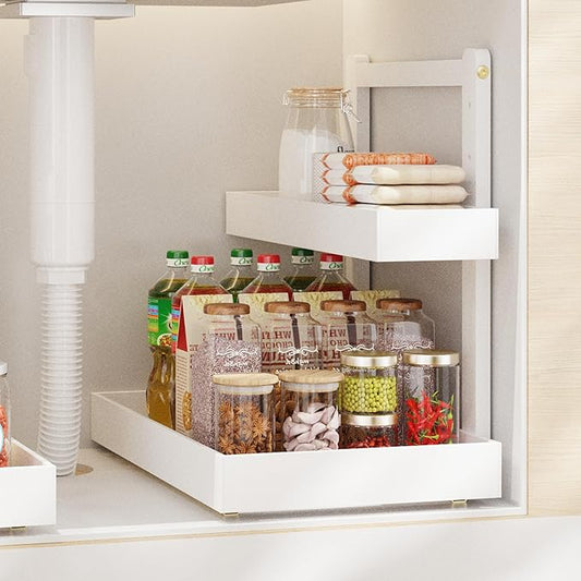 Bamboo Under Sink Organizer and Storage, 2 Tier Pull Out Cabinet Organizer, Slide Out Under Sink Storage Shelf, Undersink Organizers Shelves for Kitchen Bathroom Organization (White, 1 Pack)