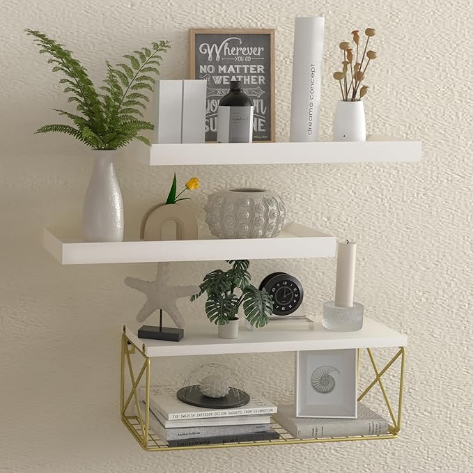 Floating Bathroom Shelves with Wire Storage Basket, Wall Mounted Shelf Over Toilet, 3+1 Tier Wall Decor Small 15.7 Inch Set of 3(White)