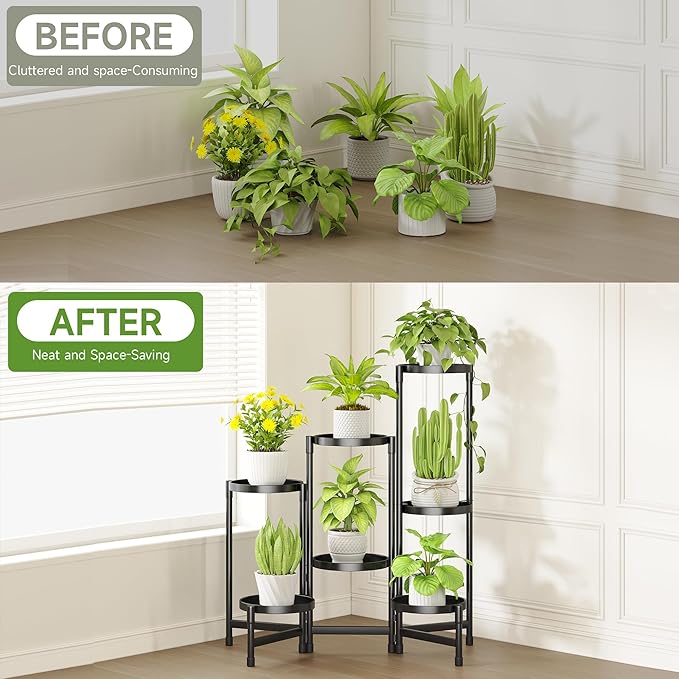 Folding Plant Stand Indoor Outdoor with Metal Tray, 7 Tiered Corner Flower Holder Shelf Metal Orchid Display Rack for Patio Porch Living Room Garden Balcony, Modern Black