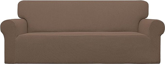 Easy-Going Stretch Sofa Slipcover 1-Piece Sofa Cover Furniture Protector Couch Soft with Elastic Bottom for Kids, Polyester Spandex Jacquard Fabric Small Checks (Sofa, Brown)