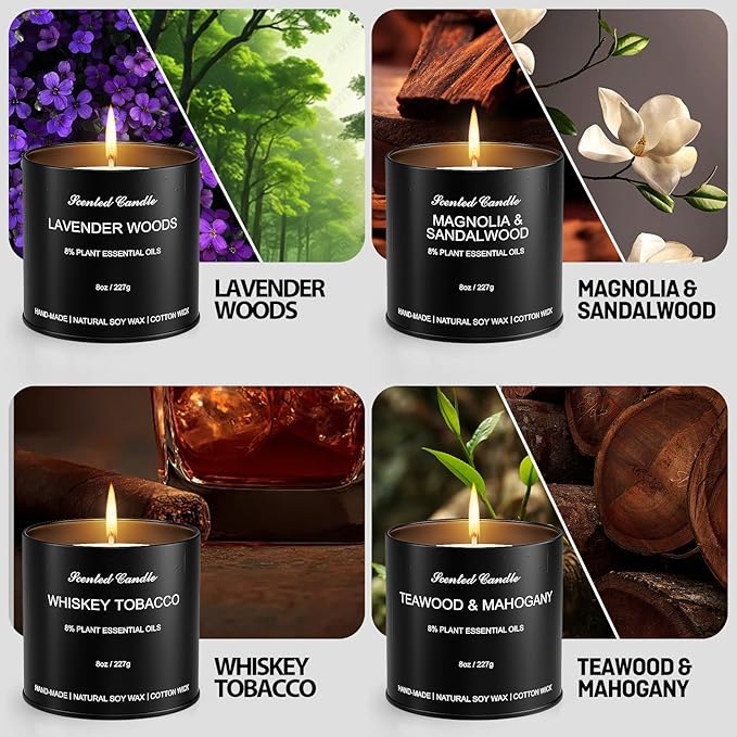 Scented Candles for Men - 4 Pack Luxury Masculine Soy Wax Candles Gift Set, 8oz Long Lasting Aromatherapy Candle with Essential Oils, Teakwood & Mahogany, Whiskey Tobacco, Lavender Woods