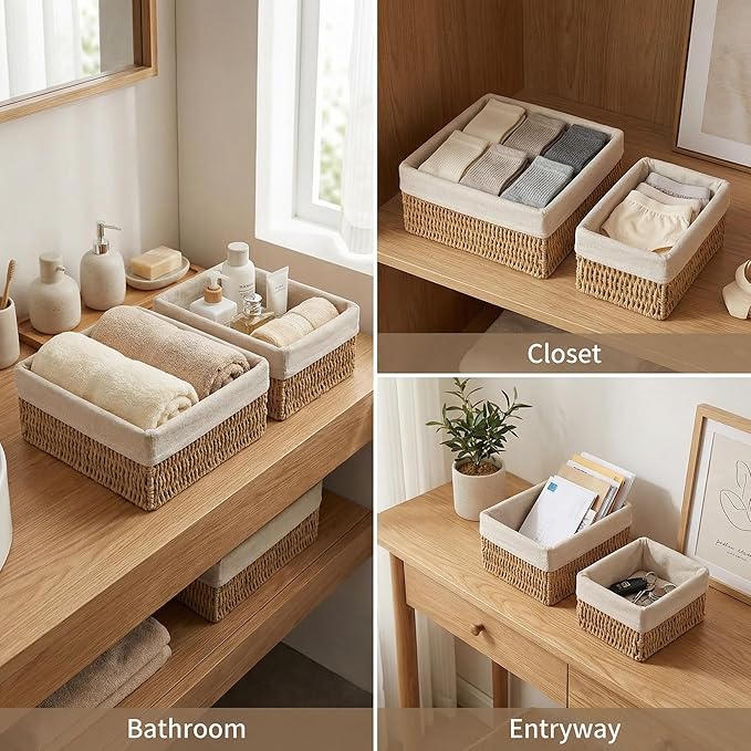 Set of 3 Wicker Storage Baskets for Shelves with Removable Linen Liner, Nesting Woven Organizer Bins for Pantry, Bathroom Counter, Closet, Dresser