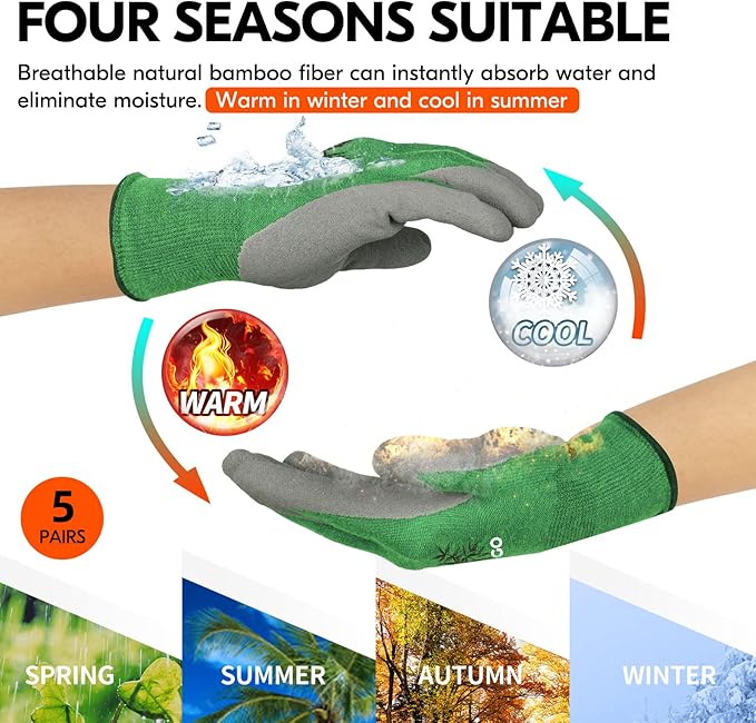 Vgo... 5Pairs Ladies' Bamboo Gardening Work Gloves (XL, Green, RB6026)