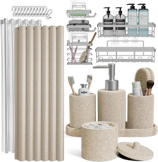 Clara Clark Bathroom Set - Beige Bathroom Accessories Set, 24PC Bathroom Accessory Set, Bathroom Sets with Shower Curtain Set, Adhesive Corner Shower Caddy Hanging & Soap Dispenser