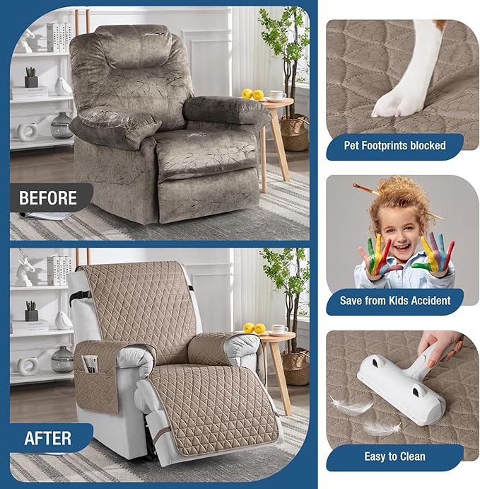 TAOCOCO 100% Waterproof Recliner Cover - Recliner Cover with Non-Slip Granule, Recliner Chair Covers with Elastic Band, Recliner Chair Covers for Reclining Chair(Taupe, Medium-25'')