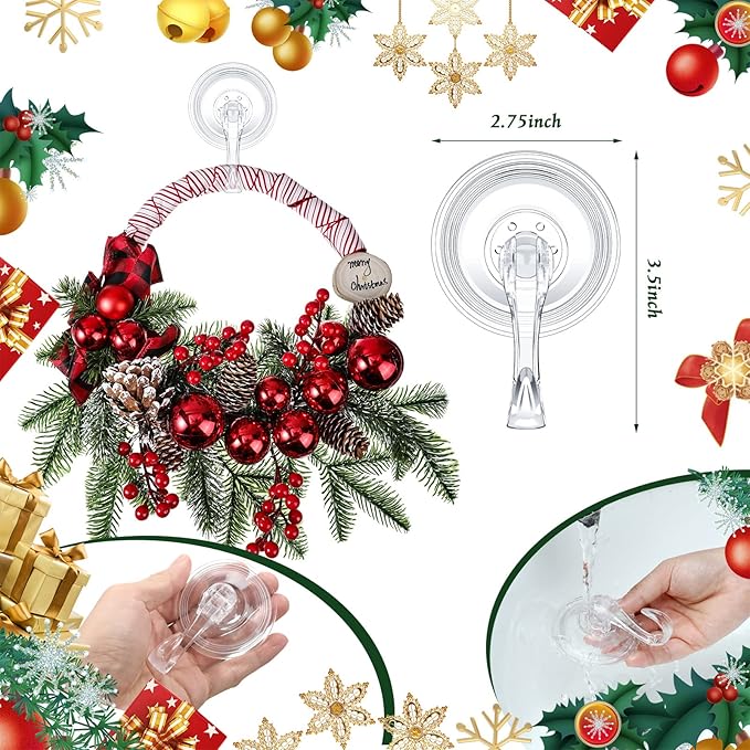 Yookeer 8 Pcs Christmas Wreath Hanger Suction Cup Hooks Heavy Duty Reusable Suction Cups Large Clear Door Wreath Hanger for Glass Door Window Hooks