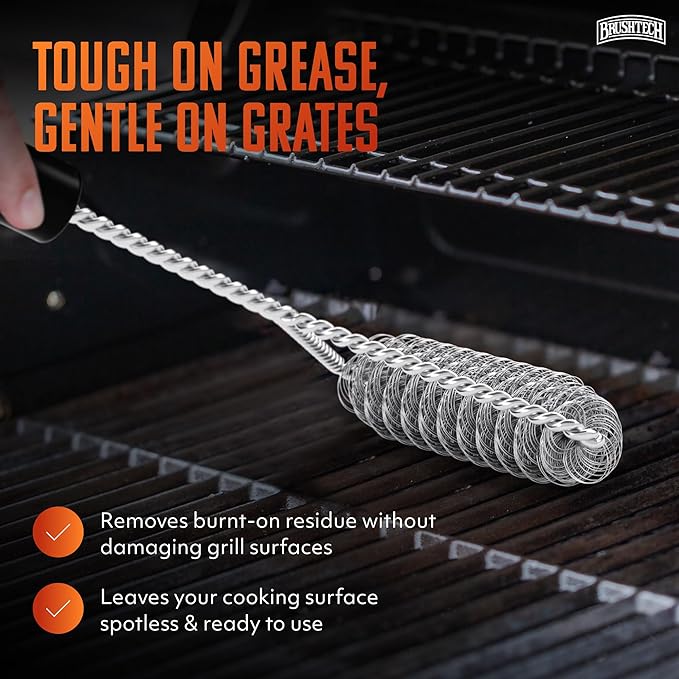 Double Helix Grill Brush, 16″ Flat BBQ Grill Cleaner - Bristle‑Free Coil Springs Clean Tops & Sides - Stainless Steel, Long Reach Handle, Heavy‑Duty BBQ Tool for Gas & Charcoal Grates