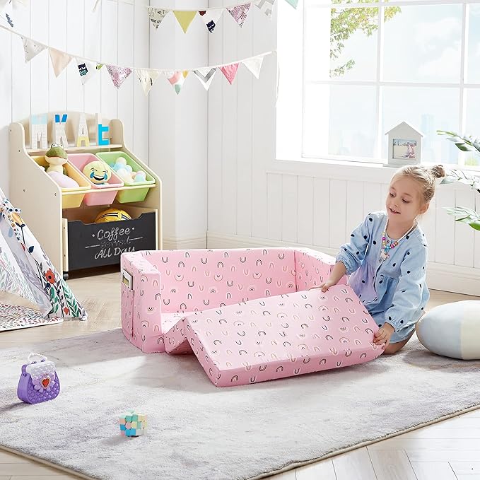 Ulax furniture Kids Fold Out Couch 2-in-1 Children Convertible Sofa to Lounger with Soft Plush Fabric(Pink Rainbow)