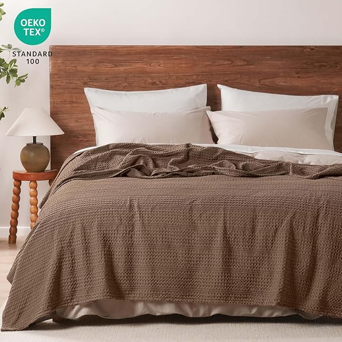 PHF Lightweight Waffle Weave Blanket Queen Size 90"x 90", Soft Woven Summer Blanket for Hot Sleepers - Aesthetic Home Decor for Couch Bed Sofa, Pet Friendly, Cocoa Brown