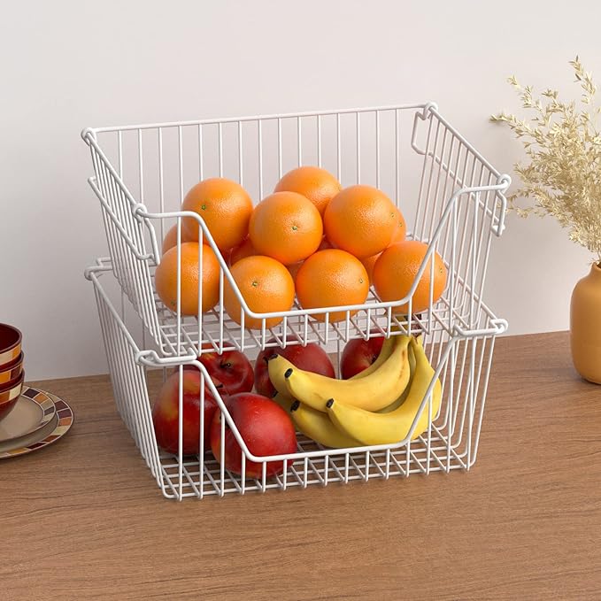 Stackable Wire Metal Baskets Cabinet Organizer Sturdy Metal Wire Pantry Freezer Bin for Home Bathroom Kitchen Friut Vegetable Organization, White - Set of 2