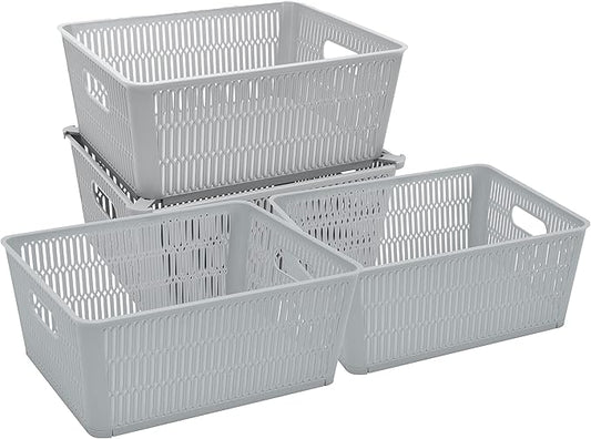 Simplify 4Pk Large Slide 2 Stack It Tote Basket | Storage & Organization | Open Bins with Stackable Capability | Bathroom | Crafts | Pantry | Playroom | Office | Grey (KIT-25930-GREY-4PK)