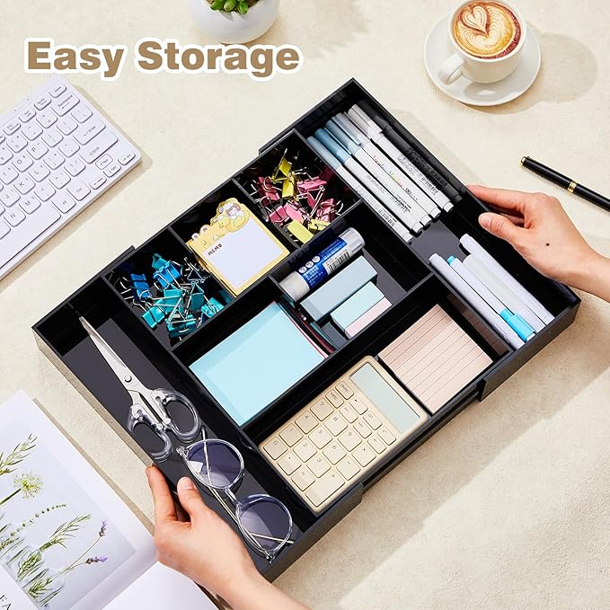 1 Pcs Acrylic Desk Drawer Organizer 2 Inch Height Expandable Drawer Organizer Trays with 8 Adjustable Compartments Desk Accessories for Makeup Silverware Office Bathroom(Black)