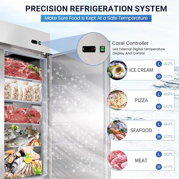 54" Reach-in Commercial Freezer with 2 Solid Door & 8 Shelves, 49 Cu.ft Stainless Steel Freezer Fan Cooling Freezer for Restaurant, Bar, Home, Shop, and Business