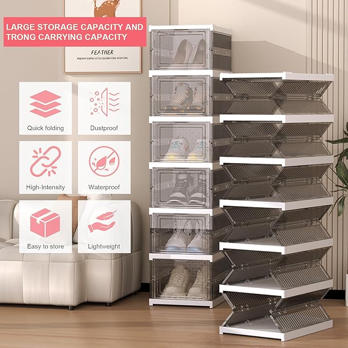 Foldable Shoe Storage Organizer, Stackable Boxes for Closet, Foldable Space-Saving Shoe Rack for Sneaker Boot Container, Acrylic Shoe Cabinet Shoe Box（6 Pack, Black