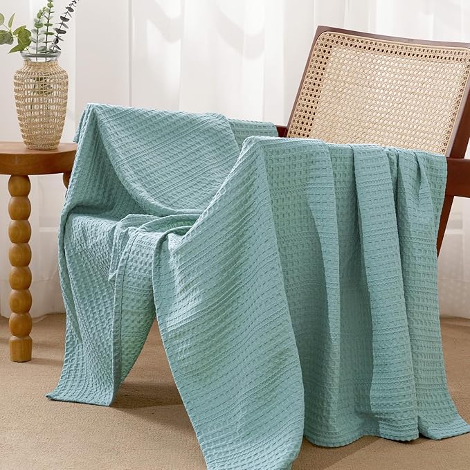 PHF Lightweight Waffle Weave Throw Blanket 50"x 60", Soft Woven Summer Blanket for Hot Sleepers - Aesthetic Home Decor for Couch Bed Sofa, Pet Friendly, Dusty Blue