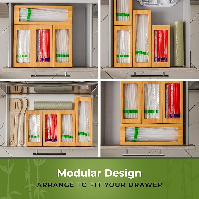 Storage Bag Organizer, Bamboo Baggie Organizer for Drawer, 4 Modular Blocks with Labels, Plastic Bag Storage Organizer, Quick Refill, Compatible with Gallon, Quart, Sandwich, Snack size bags