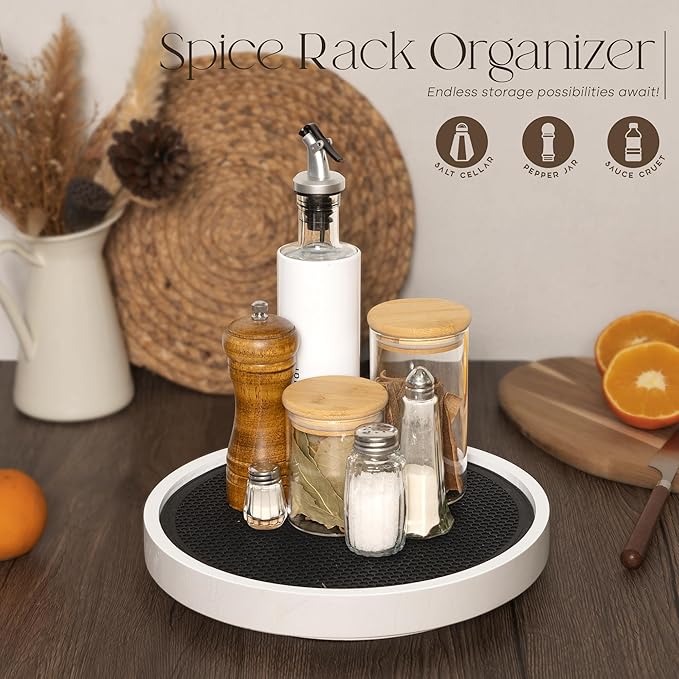EOSAHR Non-Skid Wood Lazy Susan Organizer Turntable for Home Decor – Stylish 10.5" Lazy Susan Turntable for Cabinet, Pantry & Coffee Table - Great for Bathroom Organizers and Storage (White)