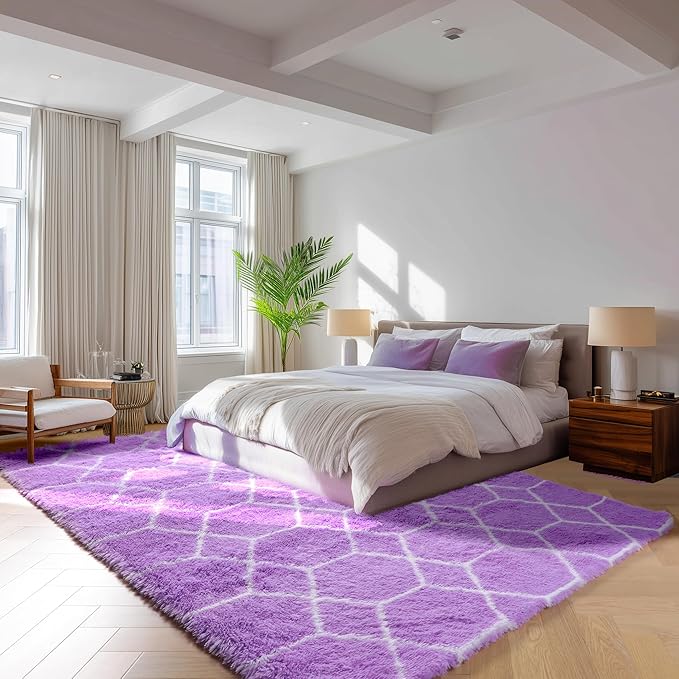 ONASAR 5x7 Area Rugs for Living Room Bedroom, Fluffy Purple and White Throw Rug, Geometric Boho Soft Plush Shaggy Floor Bedside Carpet Mat for Nursery Kids Girls Boys Teen Dorm Home Decor