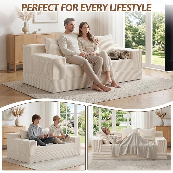 78" Convertible Sofa Bed, Foldable Floor Couch Futon Sofa,High-Density Sponge Boneless Couch, 3 Seater Sleeper Couch with 3 Pillows for Living Room Bedroom Lounge (Beige)