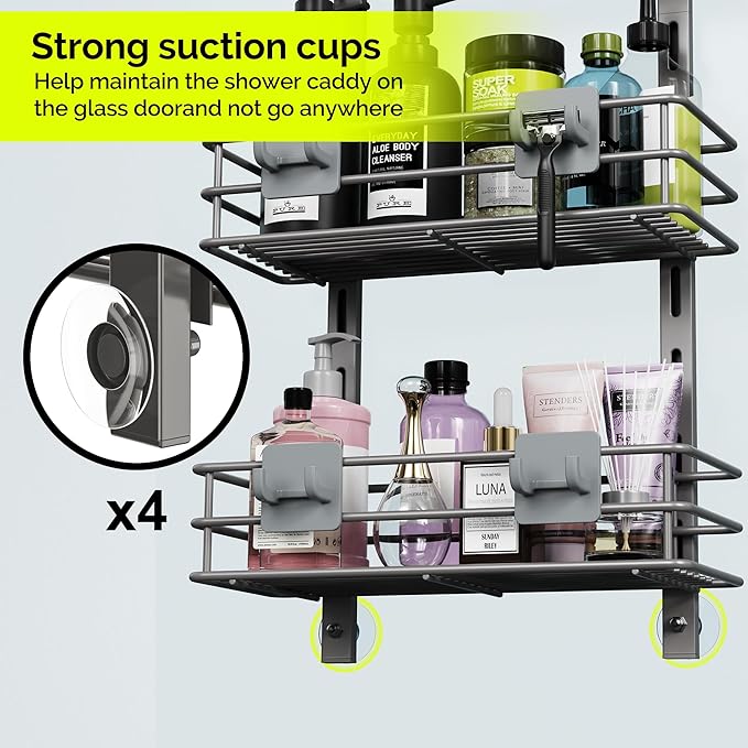 Orimade Over the Door Shower Caddy Adjustable 3 Tier Dark Grey,Bathroom Hanging Organizer Shelf Rustproof with 4 Hooks,Shower Basket with Soap Holder and Suction Cup