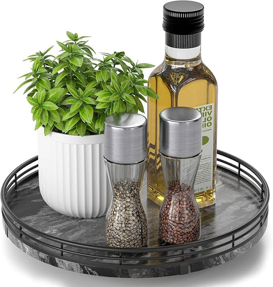 Marble Lazy Susan Turntable for Table Top – 10” Round Ancient Wood Grain Marble Tray Organizer for Dining Table, Kitchen Countertop & Bar, Luxury Stone Serving Tray with Black Iron Frame