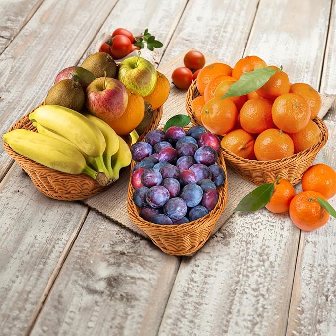 Yarlung 3 Pack Small Woven Breads Baskets, Oval Fruit Baskets Stackable Plastic Wicker Basket for Serving Vegetables, Kitchen, Restaurant, Outdoor, Imitation Rattan Brown, 3 Sizes