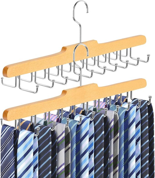 2PC Tie Rack Hanger for Closet Fitnice Upgraded Non Slip Tie Holder Organizer Space Saving with 20 Foldable Hooks Wooden Belt Hanger for Tank Tops Bras Cami Scarves