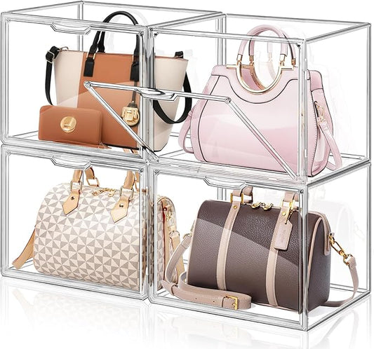 4 Packs Clear Handbag Storage Organizer for Closet, Acrylic Display Case for Purse Handbag, Stackable Purse Organizer Storage Box with Magnetic Door for Wallet Book Toys Collectibles