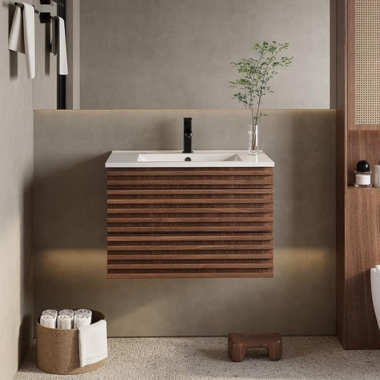eclife 30" Floating Bathroom Vanity with Sink Combo Mid-Century Wall Mounted Cabinet with Wood Stripes Decor, Drawers, Undermount Sink, Faucet, Drain, Cocoa Brown