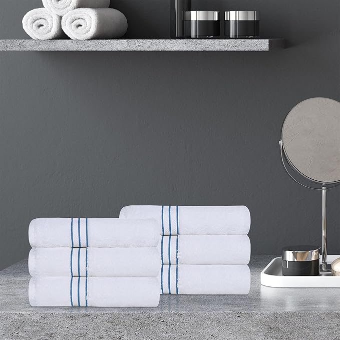 Superior Hotel Turkish Cotton 6 Piece Hand Towel Set, Ultra Plush Spa Quality Heavyweight Essentials for Vanity, Thick Absorbent and Soft, Dobby Border, Includes 6 Hand Towels, Light Blue