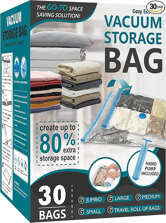Cozy Essential Vacuum Storage Bags, Compression Space Saver Bags for Clothes, Comforters, Blankets, Pillow, Bedding, Sealer Clothing Storage,30 Combo