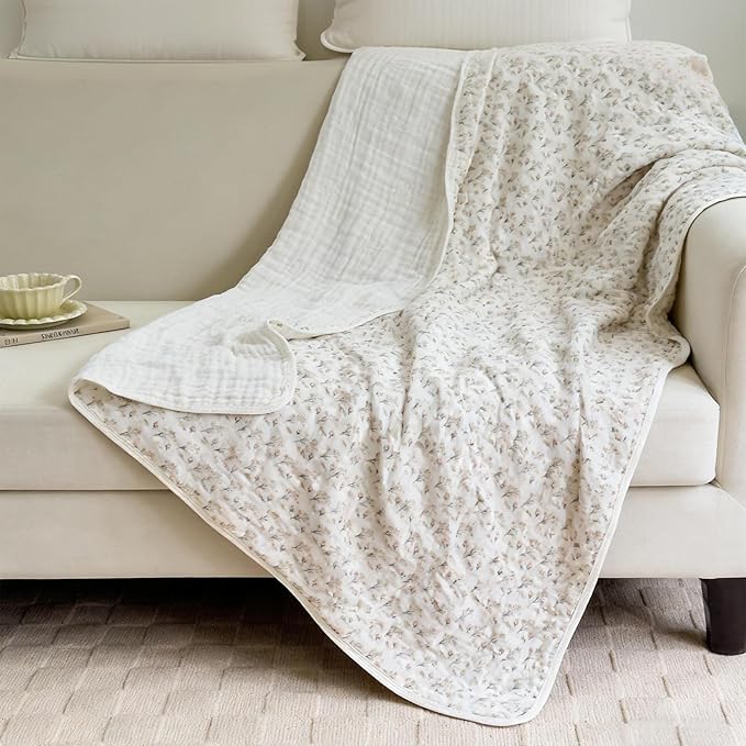 SANACYNA Muslin Blankets 100% Cotton 6-Layer Gauze King Floral Pattern Bed Blanket Lightweight Soft Breathable Decor Quilt for Sofa Couch Coverlet All Season (Floral A, King 90" X 104")