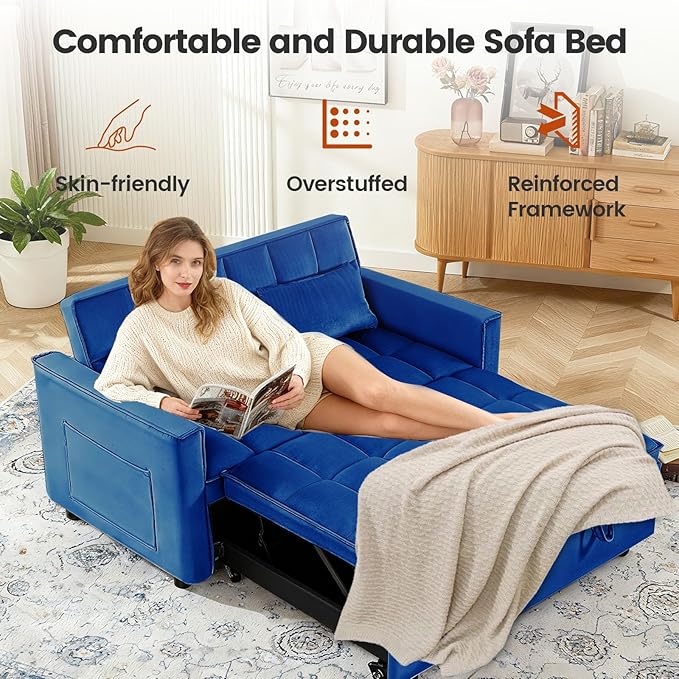 Convertible Sofa Bed, Pull Out Couch with Side Pockets, 3 in 1 Velvet Fabric Loveseat Sleeper Sofa Bed, Pull Out Couch with Adjustable Backrest for Living Room, Bedroom, Apartment, Blue