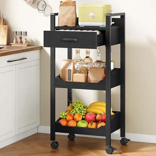 Hoctieon 3-Tier Rolling Storage Cart with Drawer, Rolling Utility Cart Organizer, Mobile Shelving Unit with Wheels, Metal Frame, Kitchen Utility Cart for Small Space, Office, Bathroom, Black