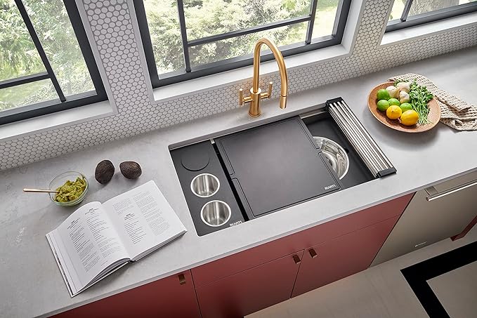 Ruvati 33-inch Workstation Two-Tiered Ledge Undermount Kitchen Sinks 16 Gauge Stainless Steel with Black Composite Accessories - Deep Undermount Sink, Kitchen Sink, Stainless Steel Sinks - RVH8224