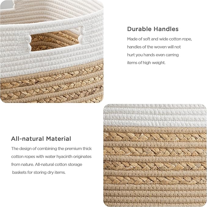 UBBCARE Set of 3 Storage Cubes 11 X 10.5 X 10.5 in, Water Hyacinth Storage Bins for Shelves, Toys, Book, Storage Baskets with Handles, Cotton Rope Woven Baskets for Organizing, Brown