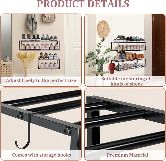 Expandable Wall Mounted Shoe Rack, 17"-31" Adjustable Hanging Shoe Rack Holds 8 Pairs, Heavy Duty Metal Shoe Holder with 2 Storage Hooks, Space Saving for Entryway Closet Doorway（Black）