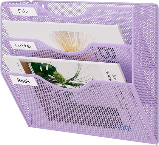 EasyPAG 3 Pocket Mesh Wall File Organizer, Hanging Paper Folder Holder with Classify Label, Vertical Wall Mount Mail Organizer for Office Home Classroom, Purple